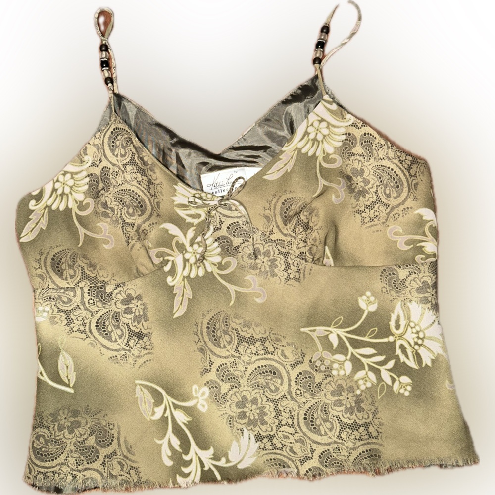 Vintage Y2K Beaded Straps Slip Cropped Raw Camisole Floral Lace Green L 12/14
